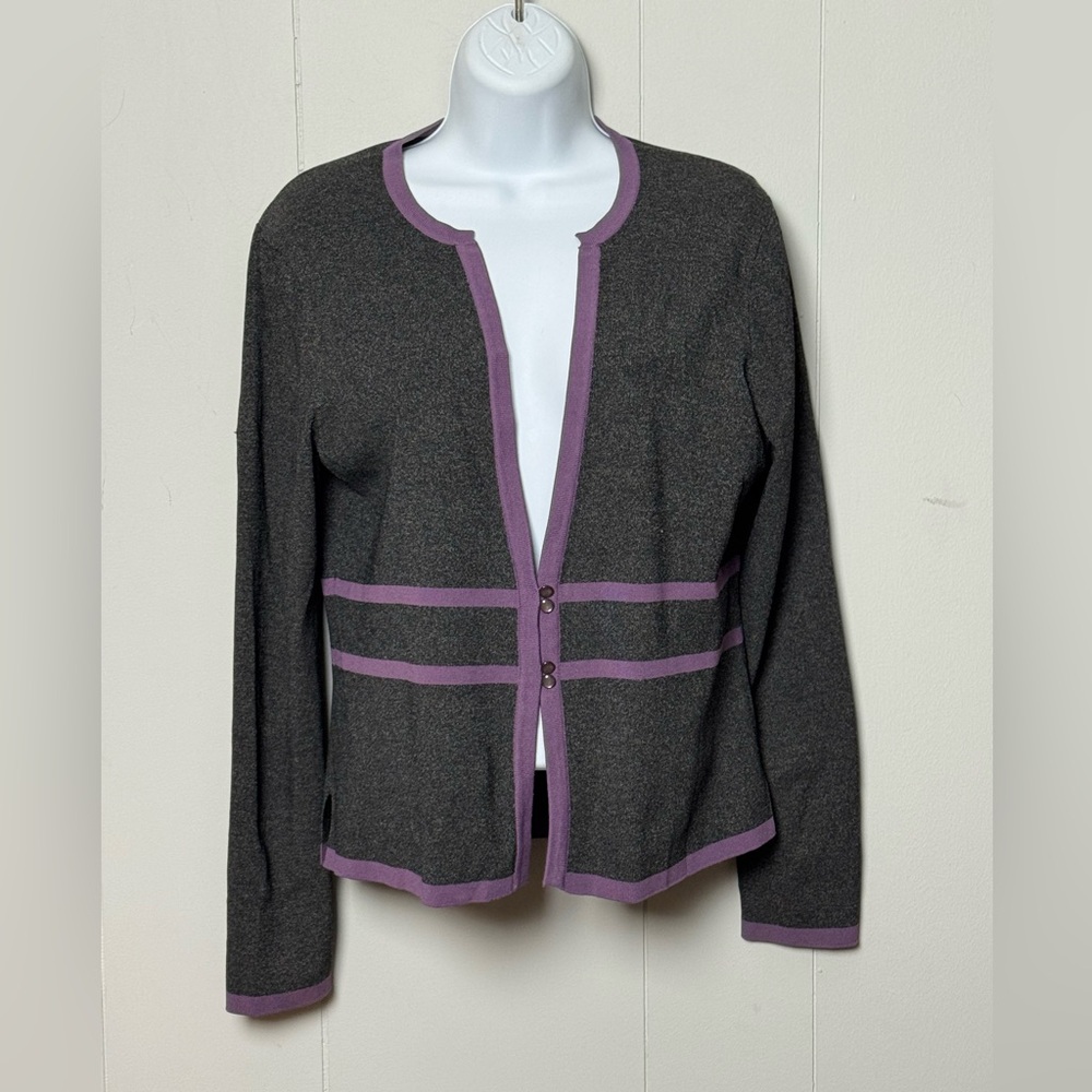 Grace Dane Lewis Women’s Two Button Gray Cardigan with Purple Trim Size L